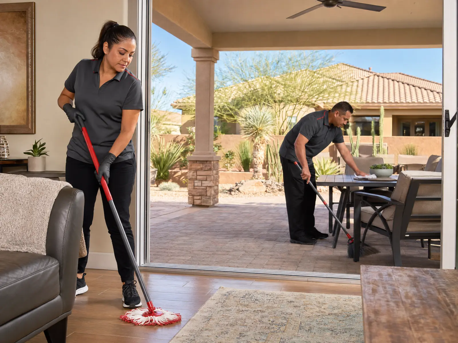 Cleaner mopping interior floors with outdoor patio in view