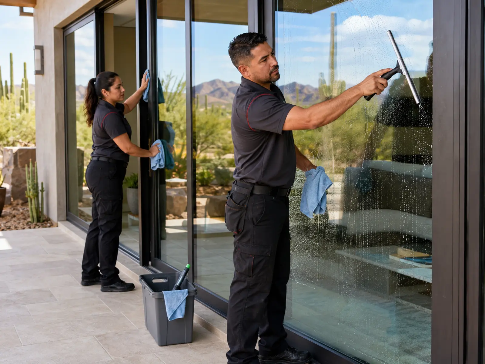 Team cleaning large exterior windows with a squeegee